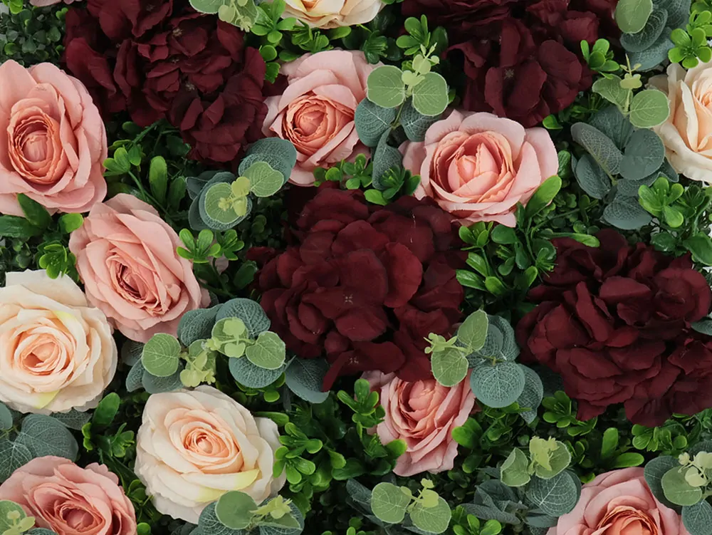 Wall flower - pink rose and dark red hydrangea, dílec 50 x 50 cm